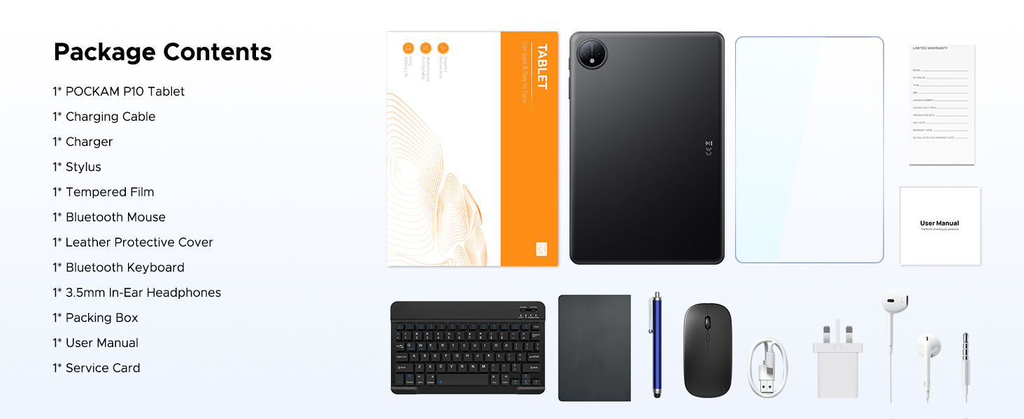 Text reads 'Package Contents'. Product layout showing laptop, keyboard, mouse, cables, and accessories spread out in organized grid pattern on white background.