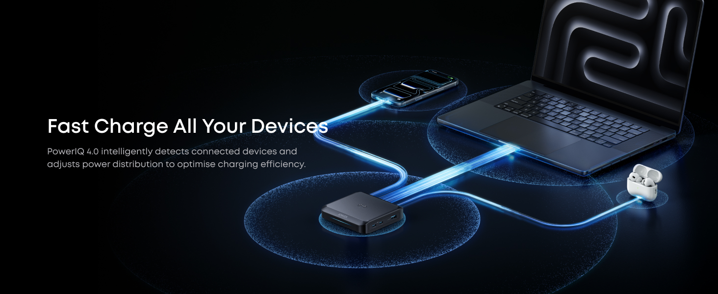 Text reads 'Fast Charge All Your Devices'. Dark promotional image showing wireless charging pad with blue lighting effects.