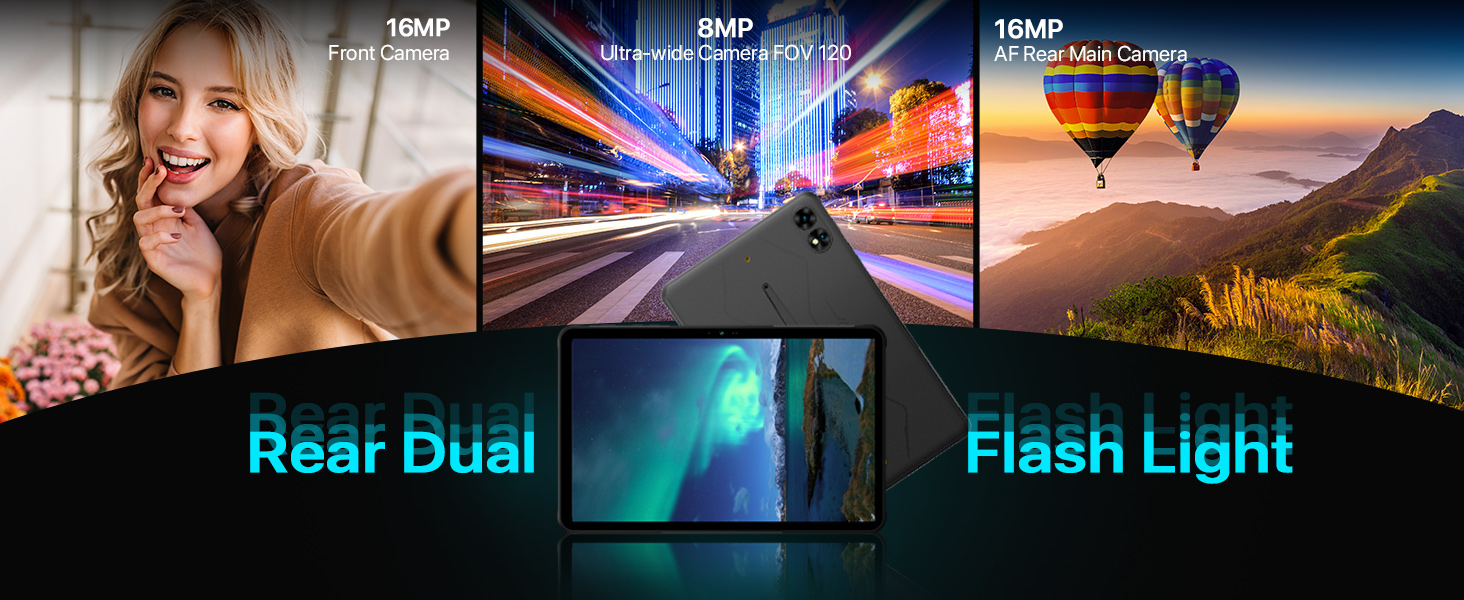 Camera feature display showing three photo examples demonstrating Rear Dual and Flash Light capabilities, with city nightscape and landscape scenes.