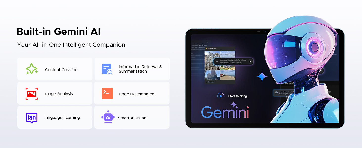 Text reads 'Built-in Gemini AI'. Interface mockup showing AI application with purple and blue gradient design elements and geometric patterns.