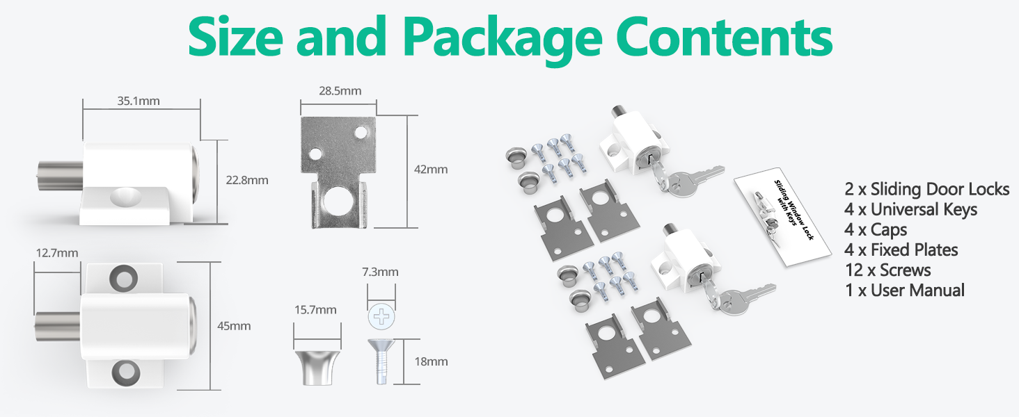 Text reads 'Size and Package Contents'. Technical diagram showing assembly instructions and component specifications for a product system.