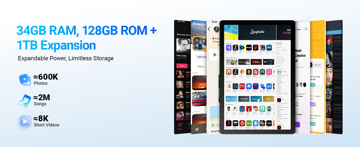 Text reads '34GB RAM, 128GB ROM + 1TB Expansion' and '+600K' with '=23M' below. Tablet device displaying colorful app interface with multiple application icons visible on screen.