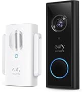 Smart video doorbell with wide-angle camera lens, illuminated ring button, and removable battery pack. Smartphone displays live video feed from doorbell camera.