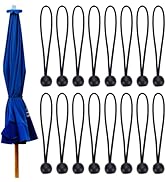 Folded blue patio umbrella with wooden pole and nine black adjustable straps or fasteners displayed alongside