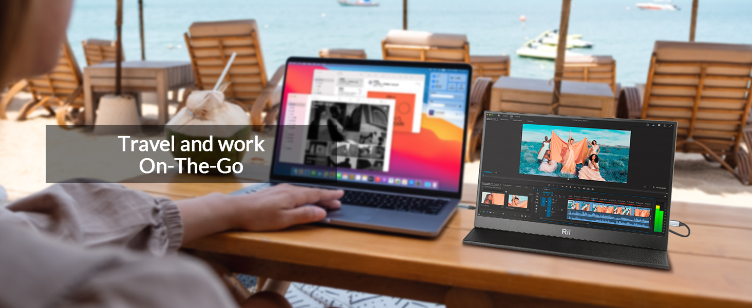 Text reads 'Travel and work On the Go'. Multiple laptop displays arranged on wooden desk surface showing various screen contents.