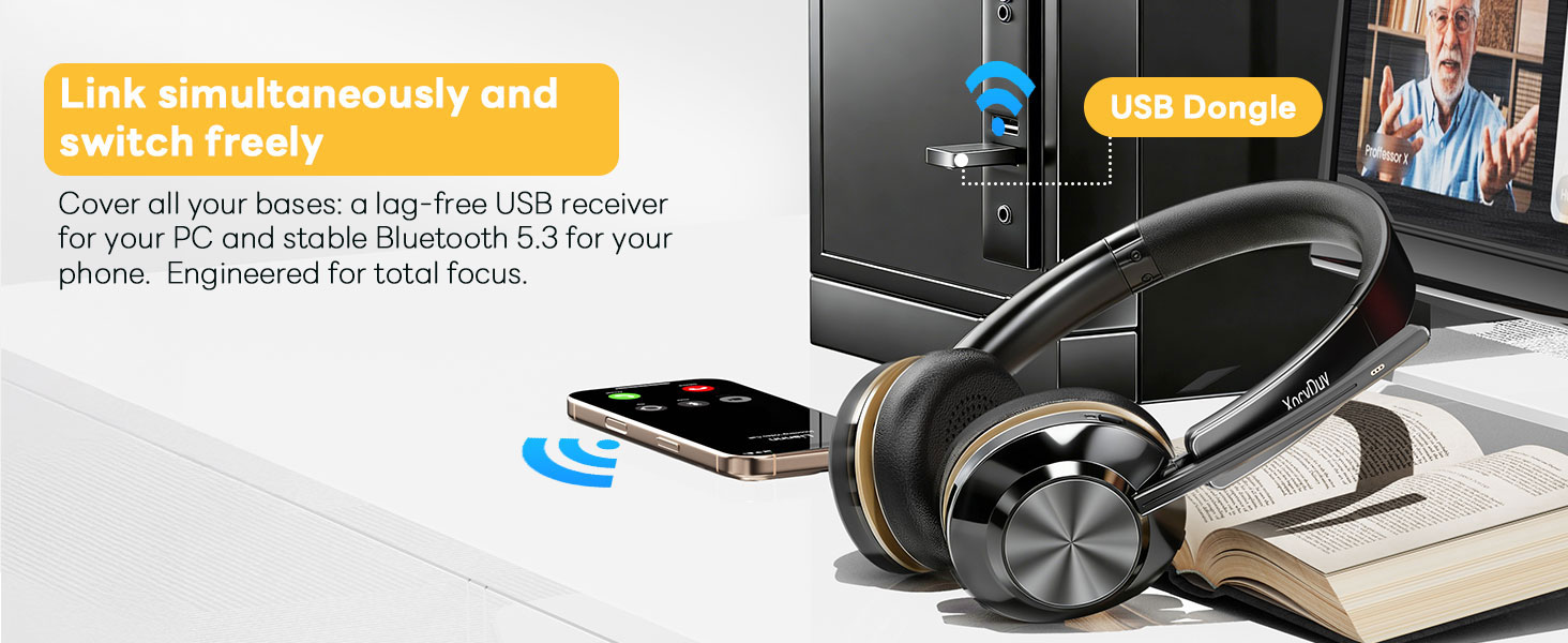 Text reads 'Noise Busters - Your Privacy Protection'. Over-ear wireless headphones with black ear cups, gold accents, featuring noise-canceling technology for audio privacy.