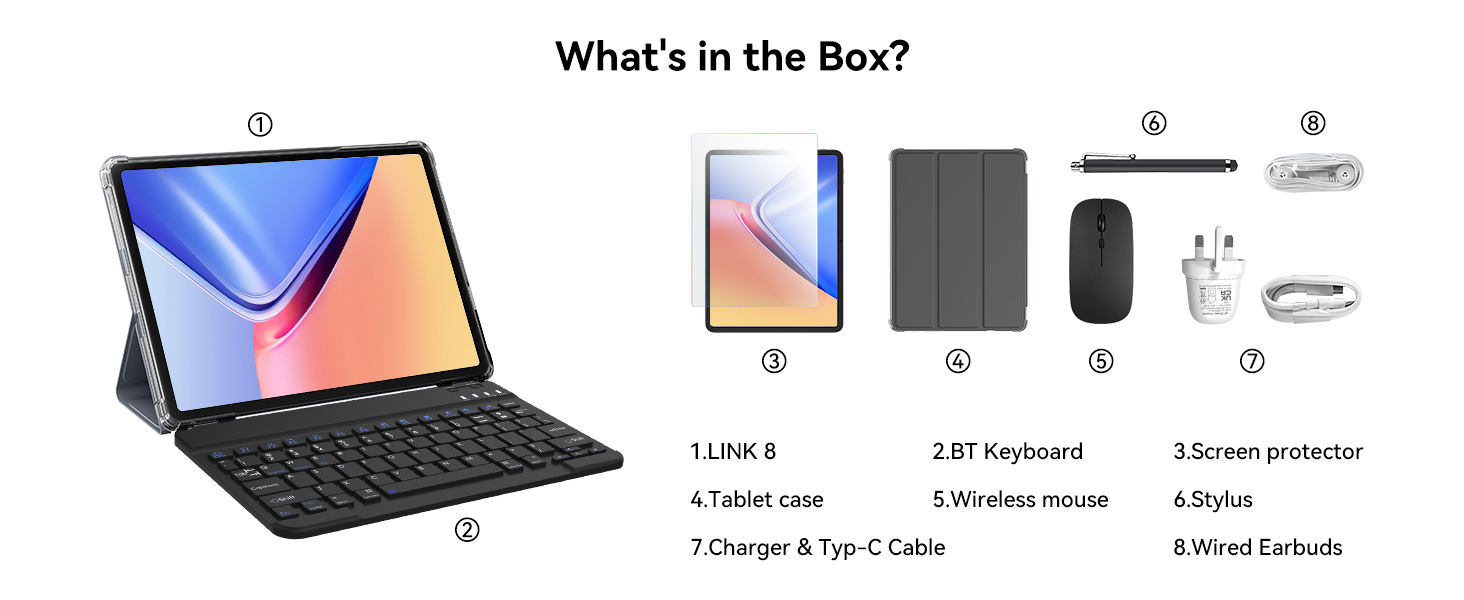 Text reads 'What's in the Box?' followed by product contents listing including tablet, accessories, and keyboard. Shows Samsung tablet and peripherals layout.