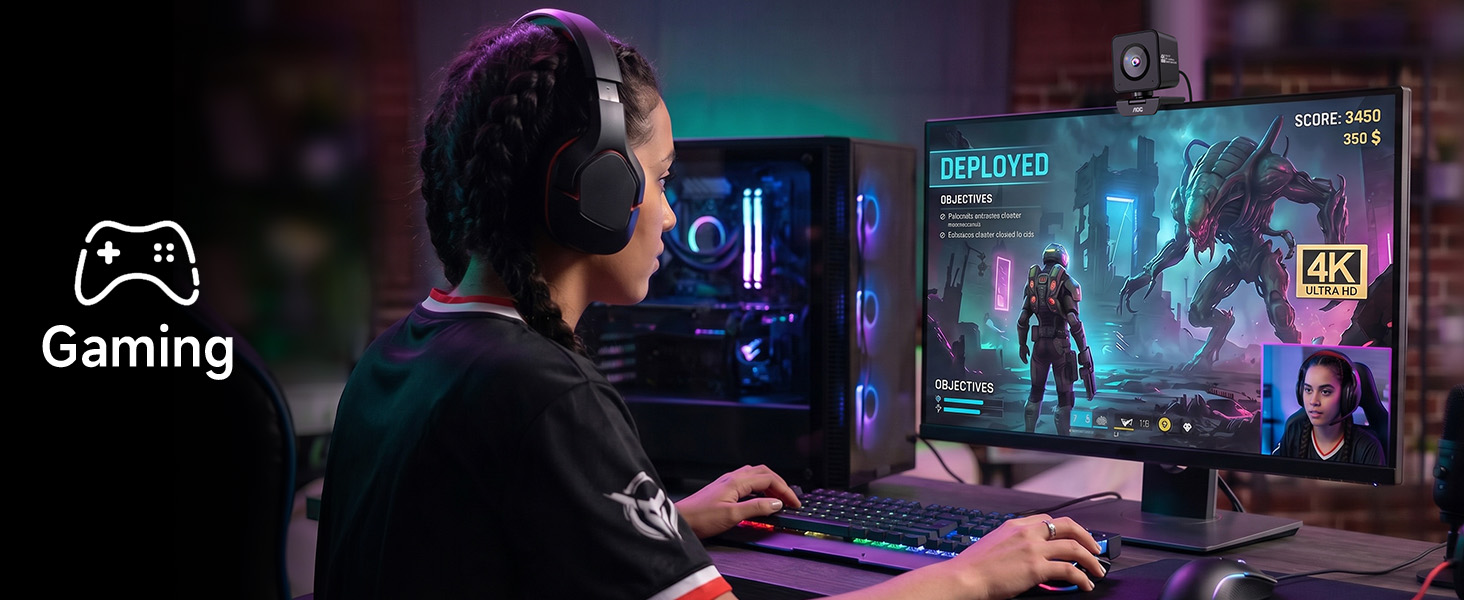 Text reads 'Gaming' with controller icon. Person seated at computer desk viewing illuminated gaming monitor displaying game scene with neon blue accents and gameplay graphics.