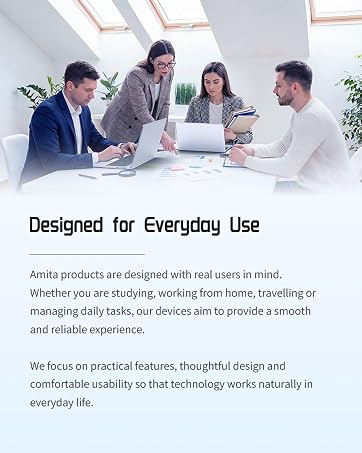 Text reads 'Amita Technology Made Simple' followed by 'At Amita, we believe technology should be simple, practical and accessible for everyone.' Additional mission statement text about product design philosophy.