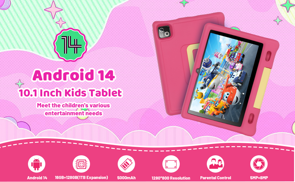 Text reads 'Android 14'. Pink and mint green banner advertising a kids tablet, showing product interface icons and tablet device display.