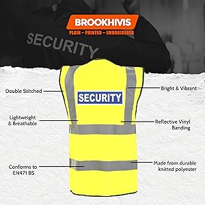 Size chart for security vests, ranging from S to 5XL. Image shows a yellow high-visibility vest with 'SECURITY' text. Brookhivis brand visible.