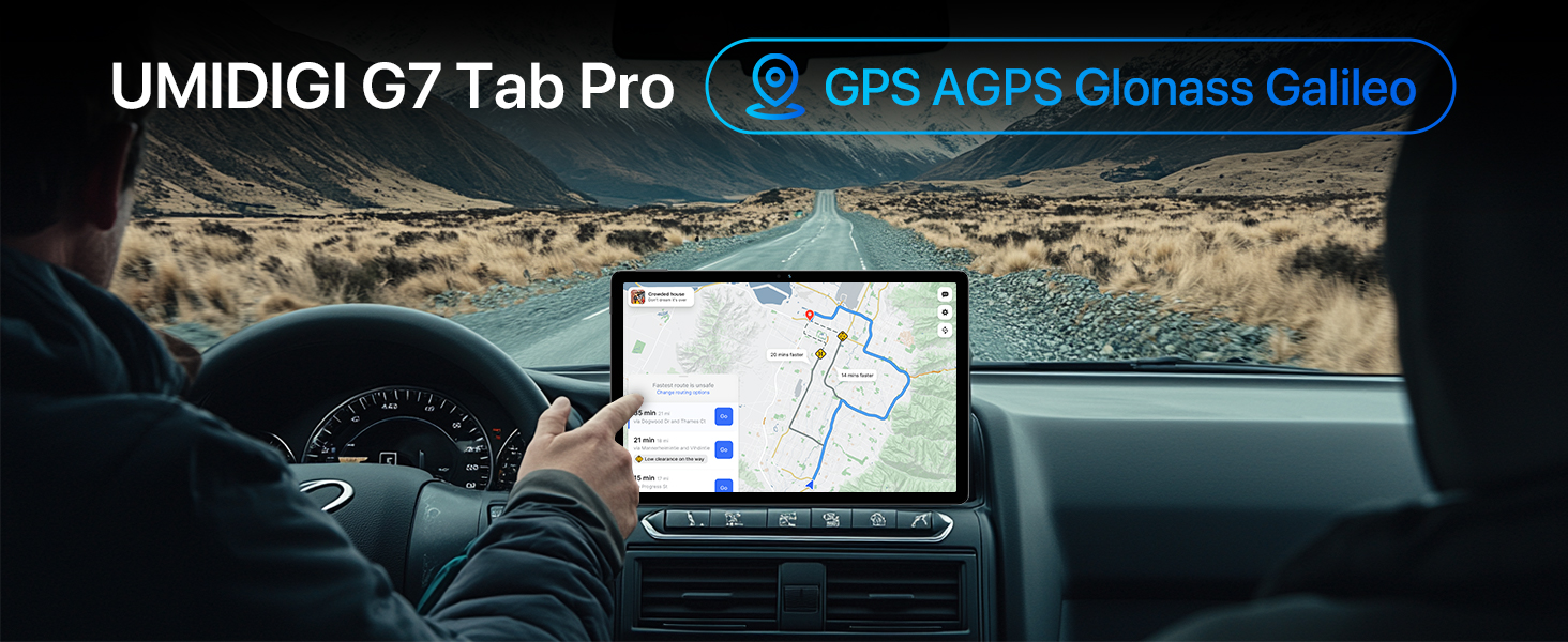 UMIDIGI G7 Tab Pro tablet mounted on car dashboard, displaying GPS navigation with scenic mountain view through windshield.