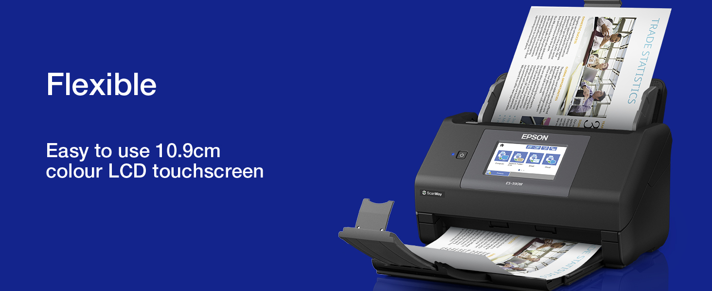 Text reads 'Flexible' and 'Easy to use 10.9cm colour LCD touchscreen'. Black document scanner device photographed against white background.
