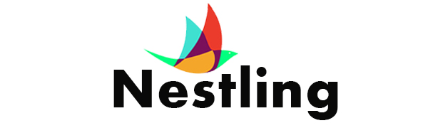 Text reads 'Nestling'. Company logo featuring the word 'Nestling' in bold black letters with a colorful origami-style bird design.
