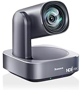 Tenveo professional video conference camera in metallic gray finish, featuring a rotating camera head with wide-angle lens mounted on a rectangular base with status indicator lights.