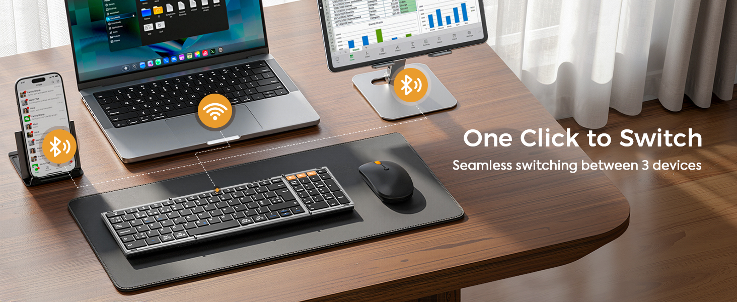 Text reads 'One Click to Switch.' Laptop, smartphone, keyboard, and tablet on wooden desk with orange coffee cup, demonstrating multi-device connectivity setup.