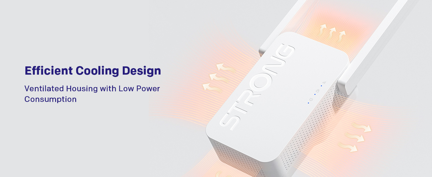 Text reads 'Efficient Cooling Design'. Multiple views of a sleek black electronic device with cooling vents and metallic accents.
