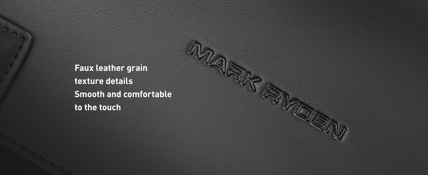Text reads 'Feels leather grain texture details' and 'is the touch'. Dark textured surface or material shown in close-up detail shots.