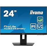 Iiyama 24-inch IPS monitor XU2493HS displayed in profile and front view, showing slim black design with stand on blue background.