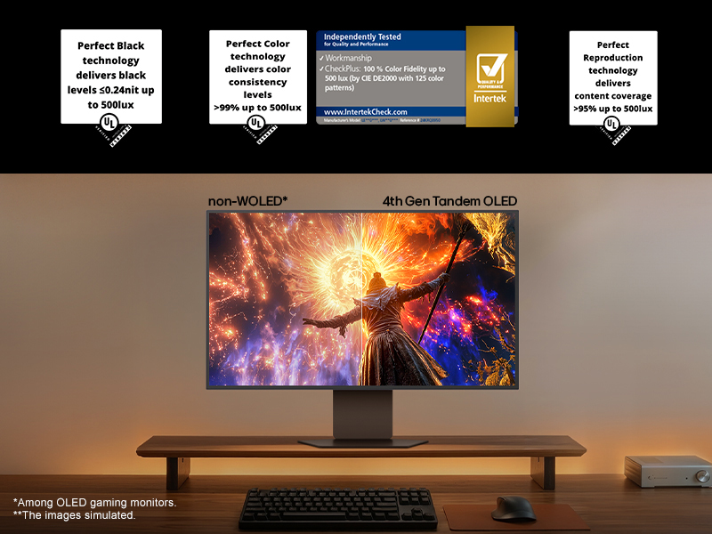 TV mounted on wooden console displaying cosmic purple and gold nebula imagery. Text panels above TV contain product information and specifications on black background.