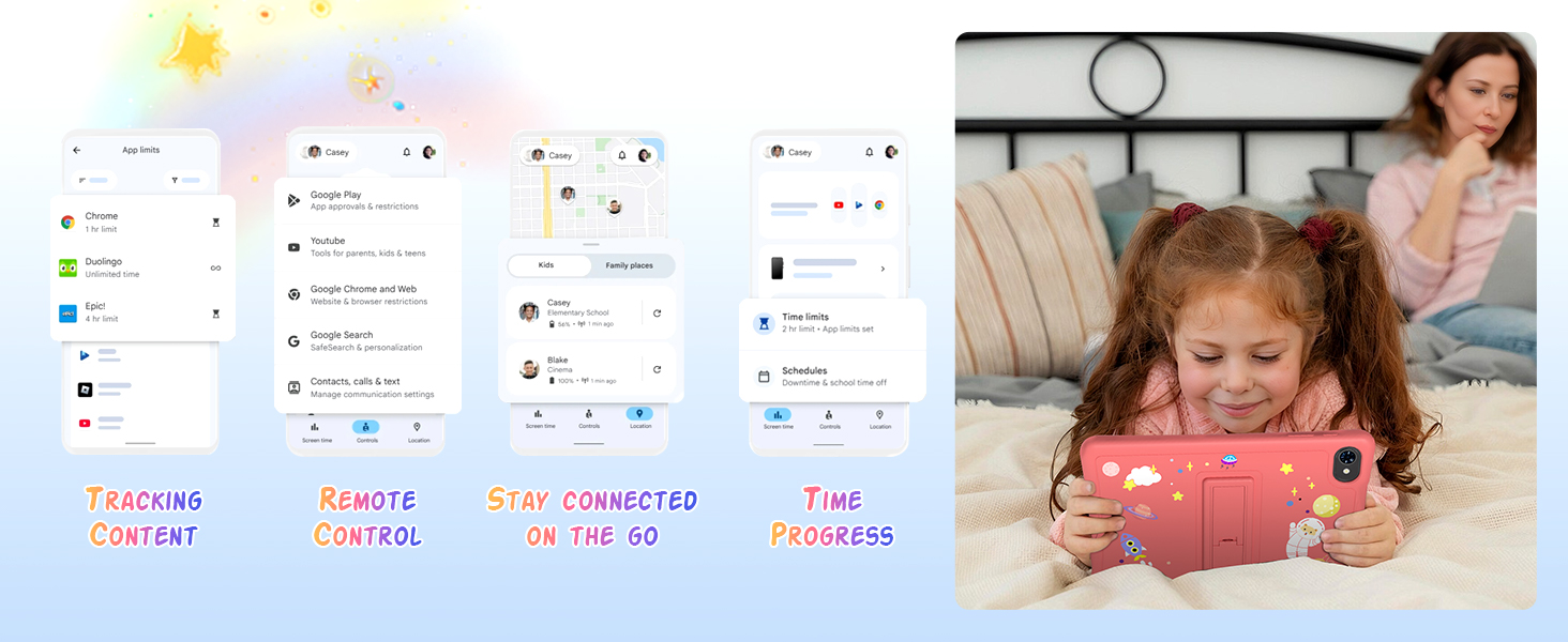 Split screen showing app interface with text labels on left side and woman with child holding red pillow on right side. App displays various UI elements and icons.