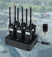 Three identical two-way radio devices arranged in a row against a bluish background with reflection.