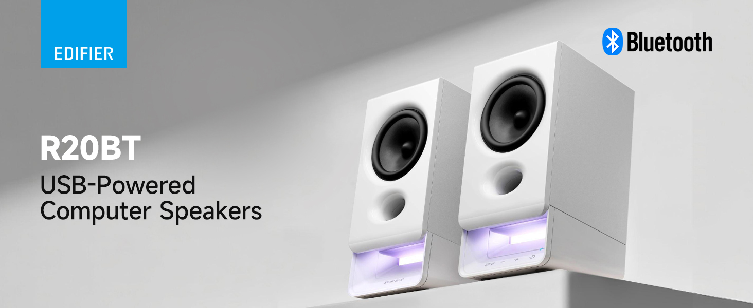 Text reads 'R20BT', 'Bluetooth', 'USB-Powered Computer Speakers'. Product images showing white desktop speakers from multiple angles with blue LED accent lighting.