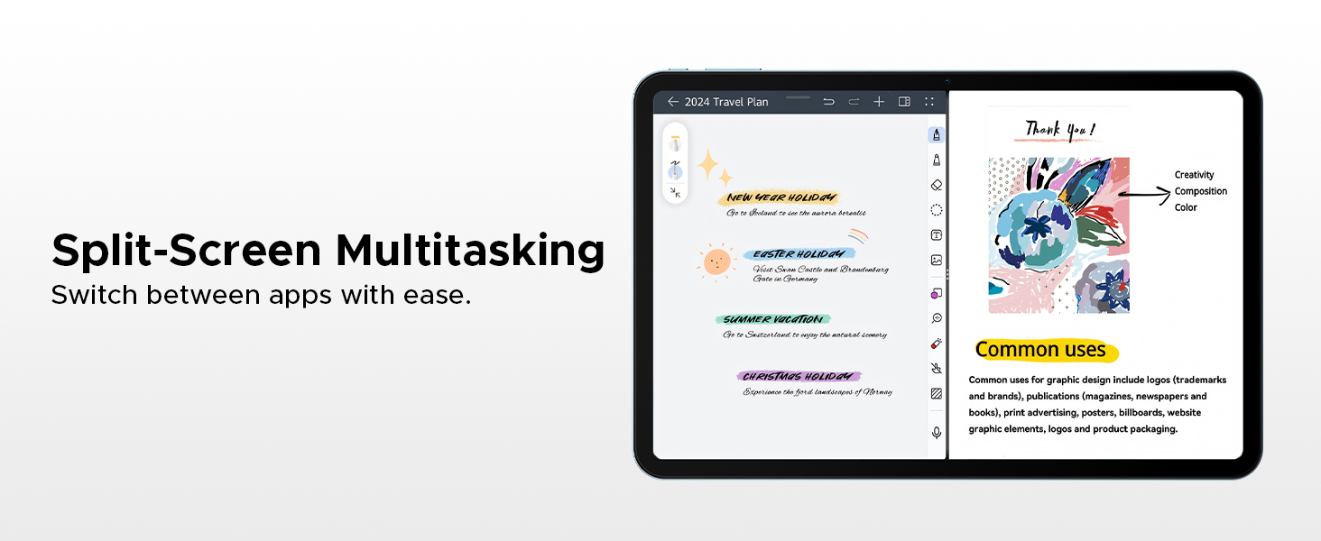 Text reads 'Split-Screen Multitasking'. Multiple interface screenshots showing split-screen functionality on mobile device, with app windows arranged side by side.