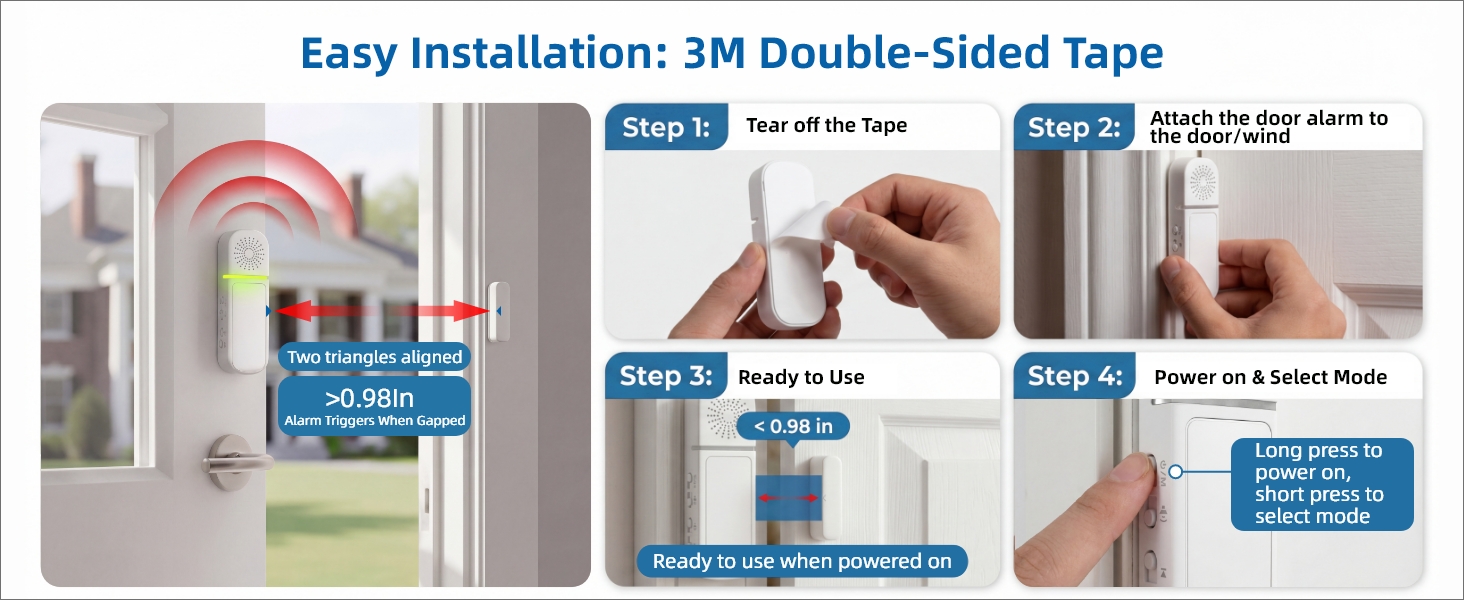 Text reads 'Easy installation: jib double-sided type.' Multiple instructional panels showing step-by-step installation process for double-sided adhesive mounting solution with close-up application details.