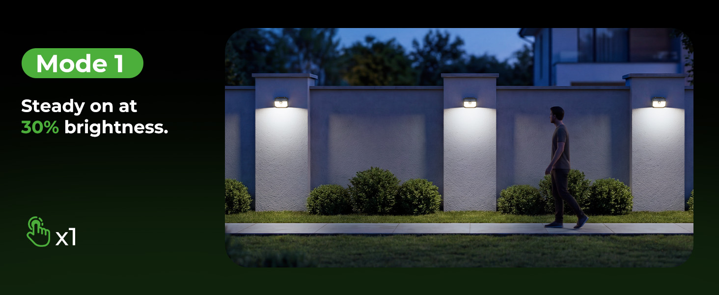 Text reads 'Mode 1' and 'Steady on at 30% brightness'. Shows outdoor nighttime scene with multiple light fixtures illuminating a pathway at consistent brightness.