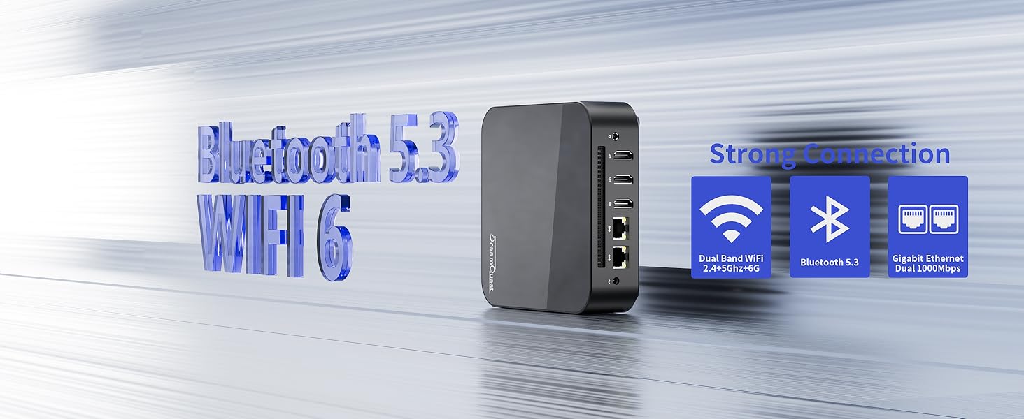Image shows networking device with text 'Hostspots 5.3' and icons indicating WiFi and Bluetooth connectivity features against a blue-white gradient background.