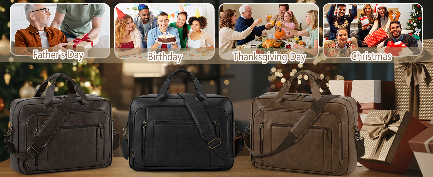Four photo panels at top showing social moments; below are three dark travel bags displayed against warm-lit backdrop with decorative lights.