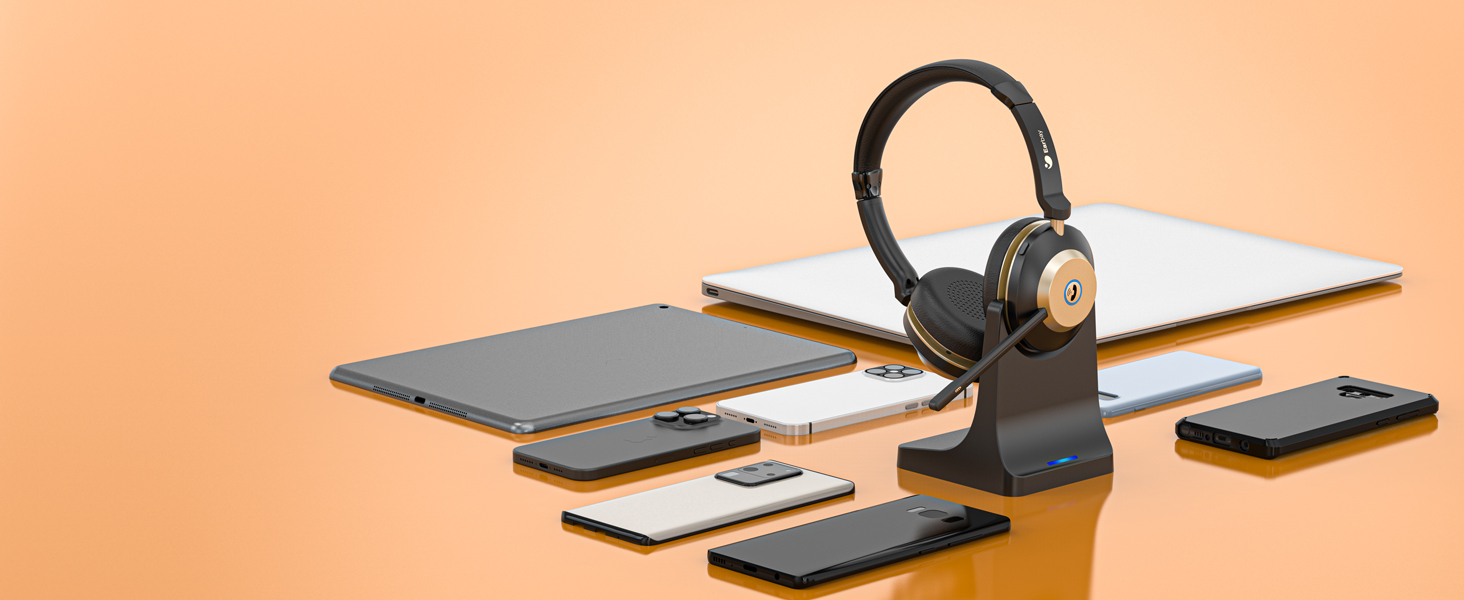 Wireless headphones on a stand surrounded by multiple smartphones and tablets arranged in a circular pattern on an orange background.