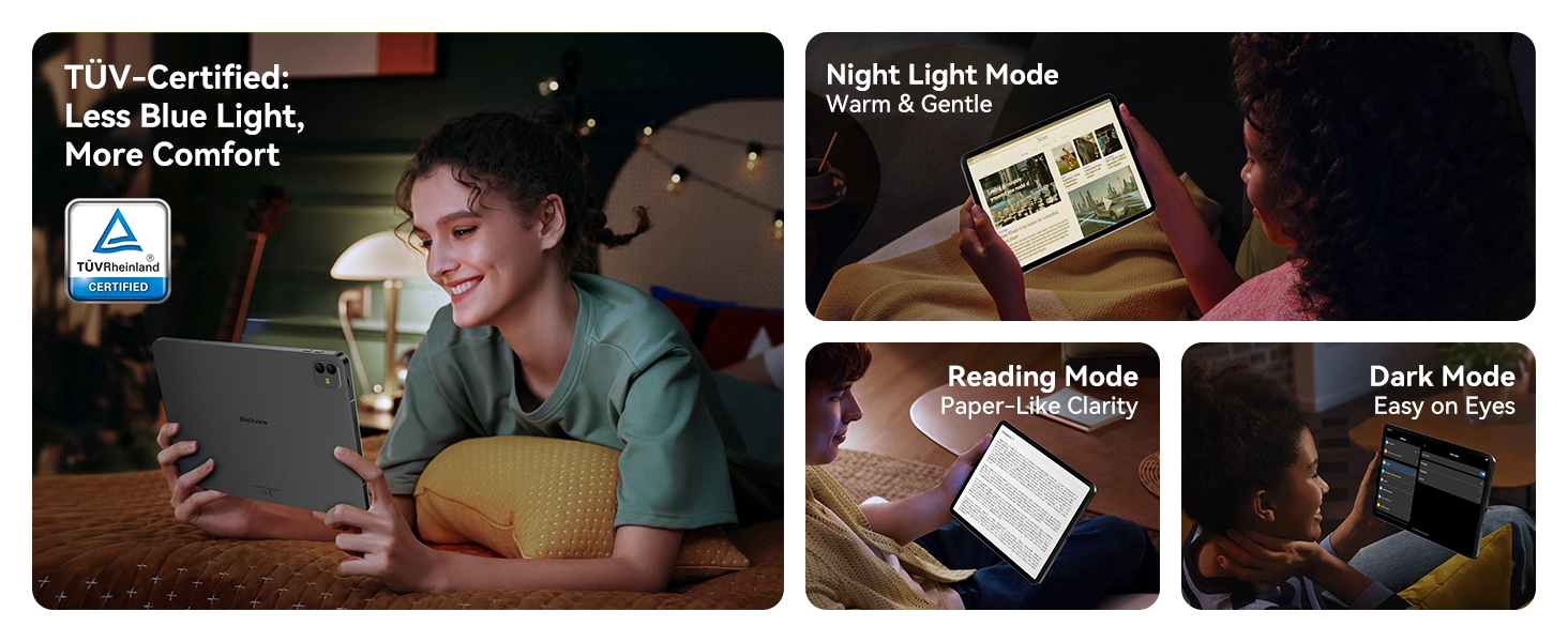 Text reads 'TÜV-Certified: Less Blue Light, More Comfort'. Multi-panel product demonstration showing device usage in different lighting modes including 'Night Light Mode' and 'Dark Mode'.