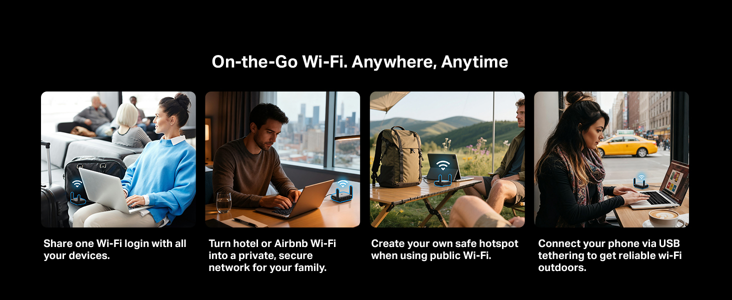 Text reads 'On-the-Go Wi-Fi, Anywhere, Anytime'. Series of lifestyle images showing people using mobile devices in various settings.