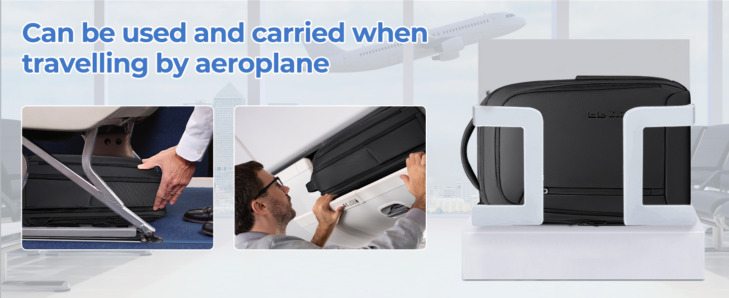 Text reads 'Can be used and carried when travelling by aeroplane.' Series of images showing portable device being packed and carried through travel scenarios.