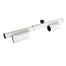 White cylindrical device with black ends, featuring two separate sections connected by a hinge. Appears to be a foldable or adjustable electronic gadget.