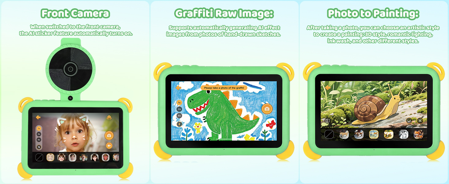 Text reads 'Front Camera', 'Profile Mise Range', 'Photo Development'. Three panels showing children's tablet features with colorful protective frames and interface screenshots.