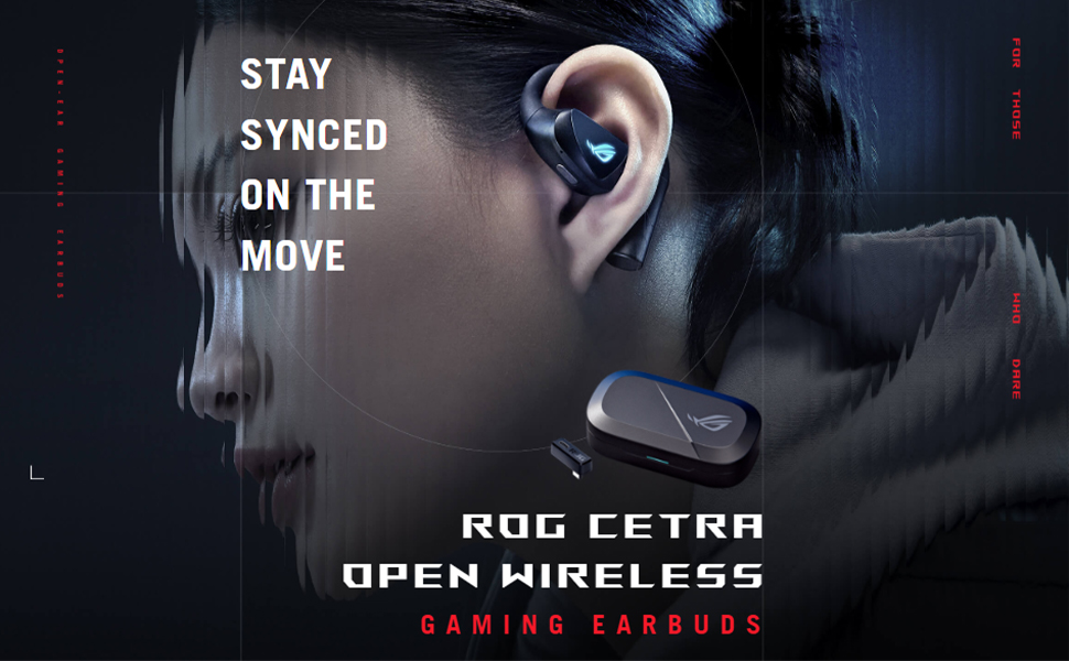 Text reads: 'STAY SYNCED ON THE MOVE'. Dark promotional image for wireless earbuds showing product in dramatic lighting.