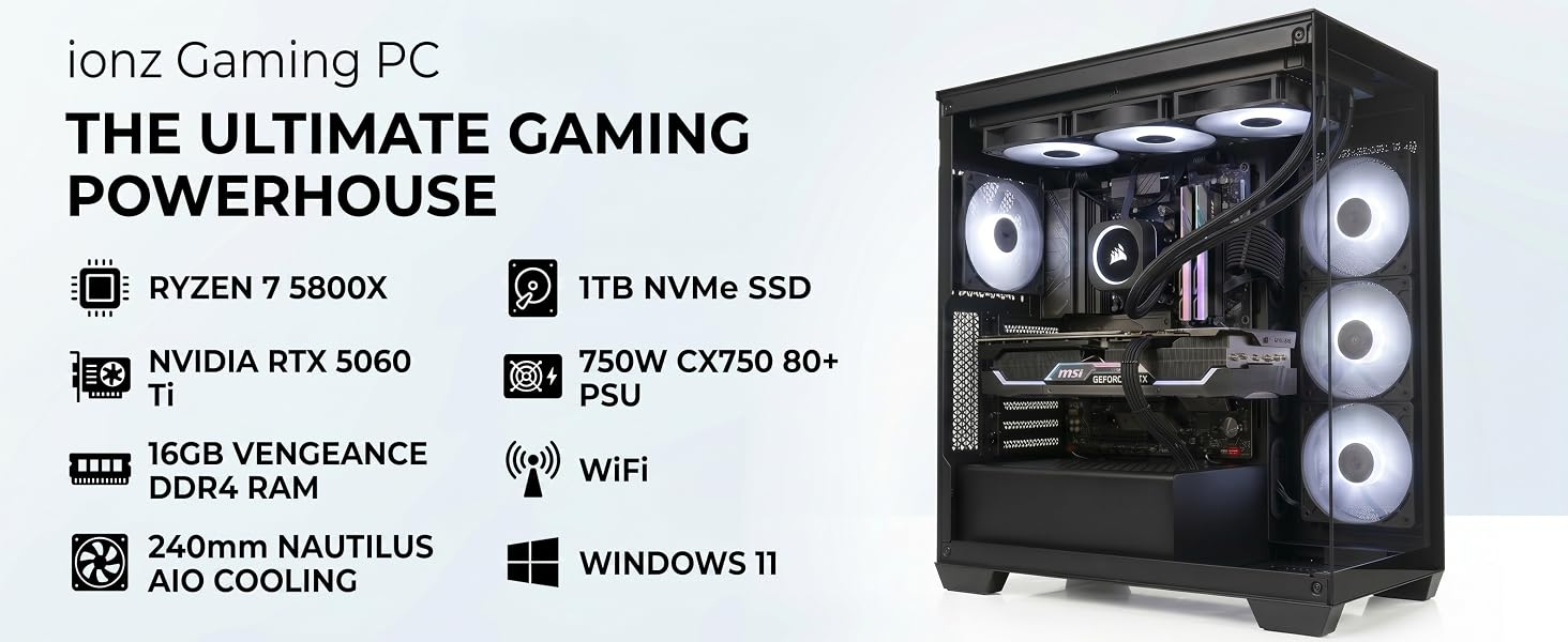 Text reads 'Ionz Gaming PC', 'THE ULTIMATE GAMING POWERHOUSE', 'RYZEN 7 5800X', 'NVIDIA RTX 5080', '32GB DDR4 RAM', '2250W PSU/PLUS', 'Windows 11'. Black gaming tower PC with RGB lighting and tempered glass side panel displaying internal components.