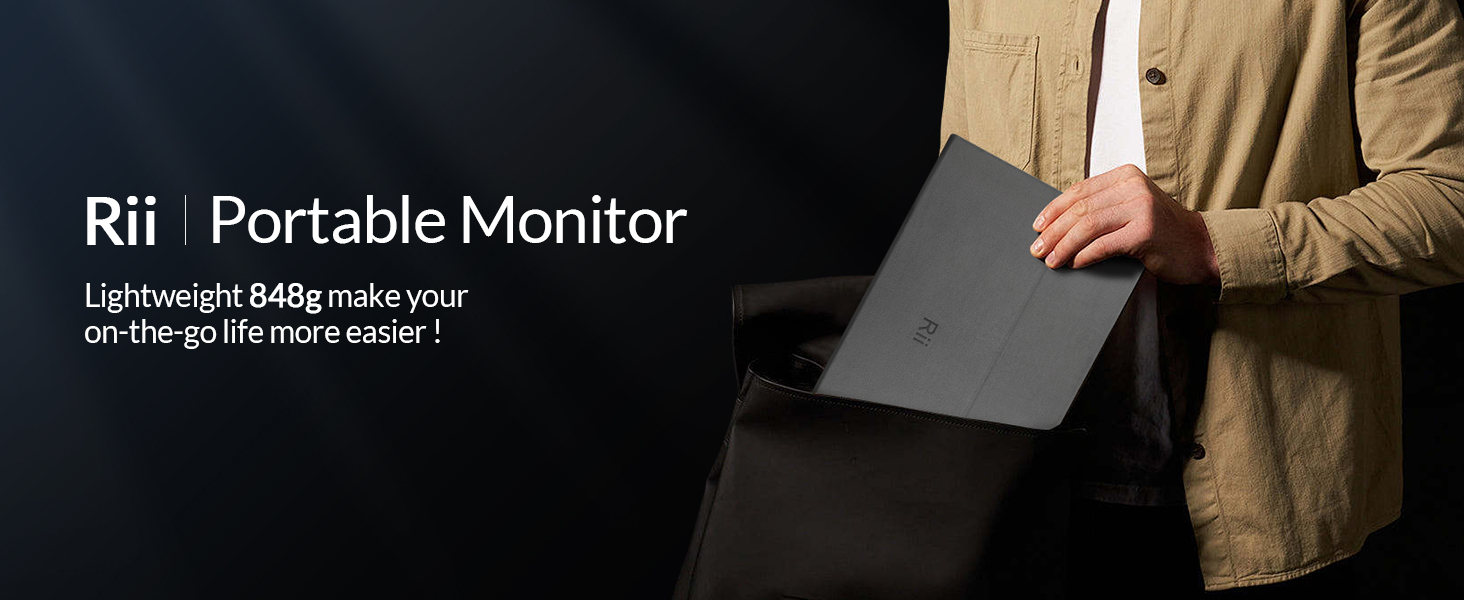 Text reads 'Rii Portable Monitor' and 'Lightweight 646g make your on-the-go life more easier!'. Shows someone holding a slim black monitor device.