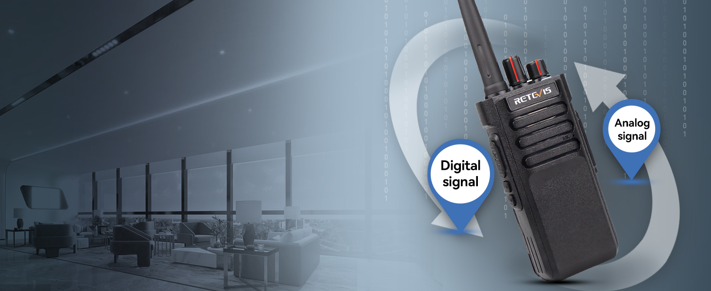 Black handheld two-way radio with antenna, shown against a background depicting an office space. Arrows indicate digital and analog signal capabilities.