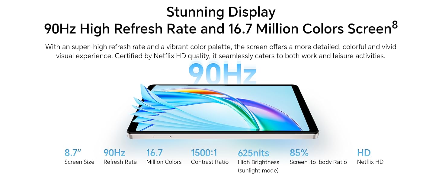 Text reads 'Stunning Display 90Hz High Refresh Rate and 16.7 Million Colors Screen'. Technical diagram showing display specifications and features of a tablet device.