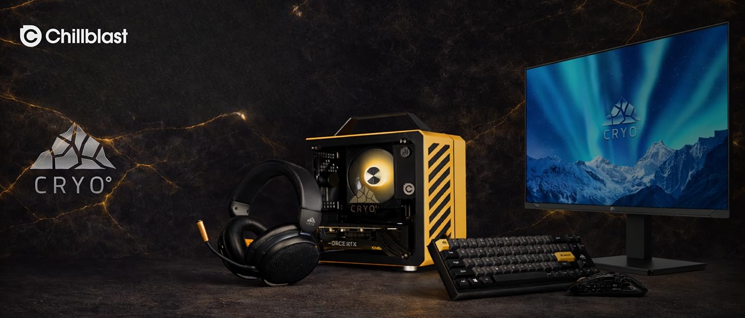 Dimly lit gaming or tech setup with blue ambient lighting and multiple monitors. Text reads 'CRYO' in corner of display.