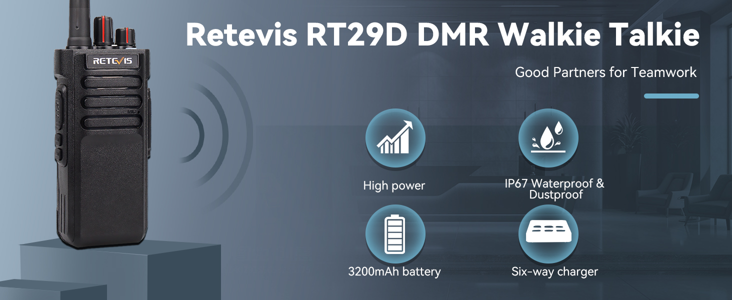 Retevis RT29D DMR Walkie Talkie product display showing device and feature icons including high power, waterproof rating, battery life, and charging capabilities.