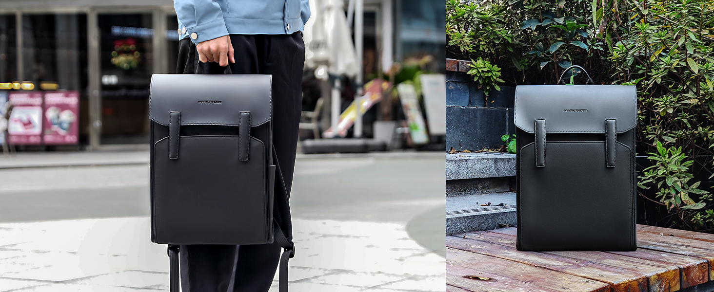 Two identical black cubic outdoor furniture pieces or planters with smooth surfaces shown in different settings: urban street environment and natural garden with greenery backdrop.