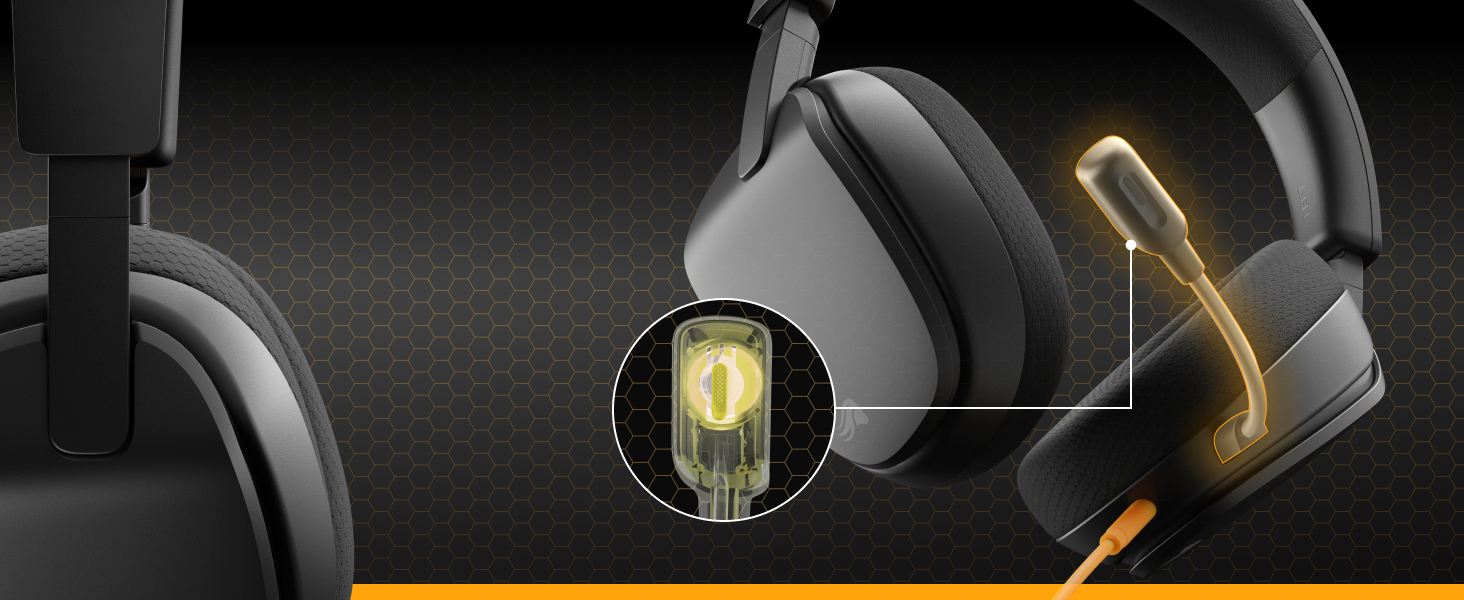 Close-up technical illustration of gaming headset design, highlighting illuminated tube detail in gold/amber color against black headphone body.