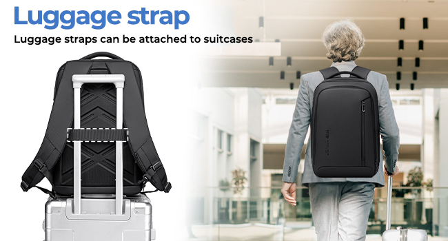 Text reads 'Luggage strap' and 'Luggage straps can be attached to suitcases.' Split image showing black backpack with strap attached to rolling suitcase handle.