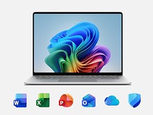 Laptop displaying colorful spiral design. Below are icons for Microsoft Office applications: Word, Excel, PowerPoint, Teams, OneDrive, and cloud storage services.