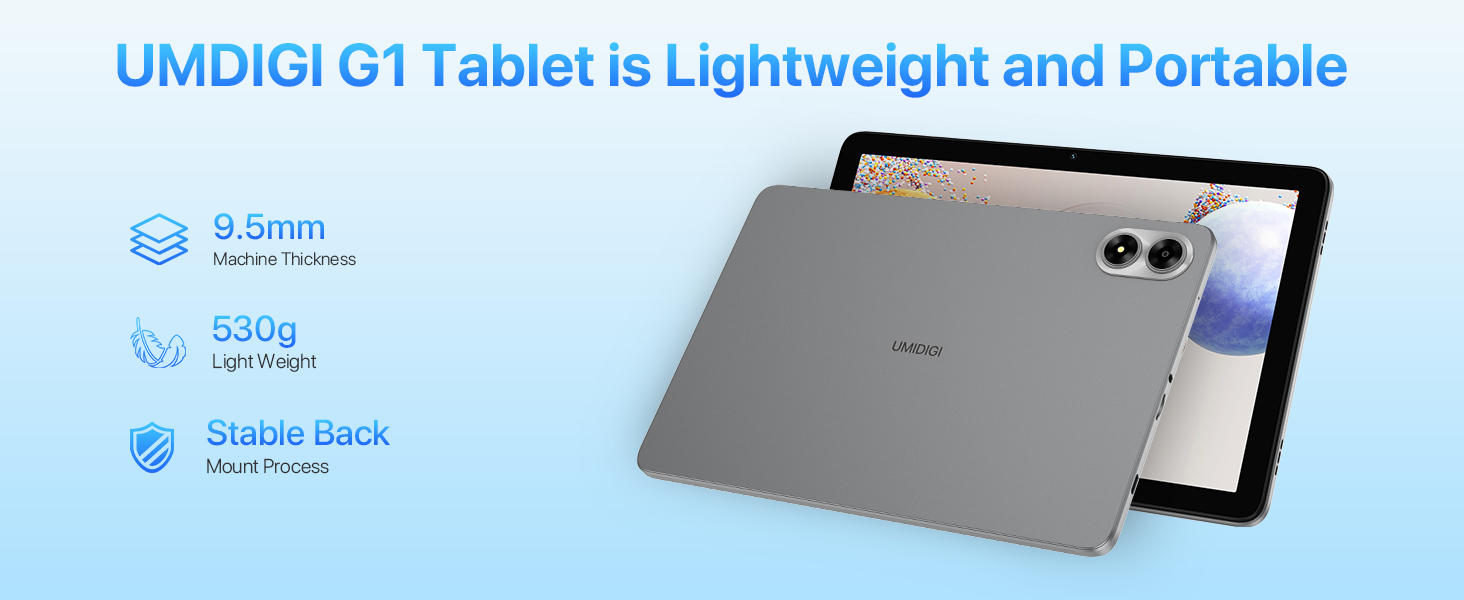 Text reads 'UMIDIGI G1 Tablet is Lightweight and Portable'. Product shots of a slim tablet device showing various angles and features.